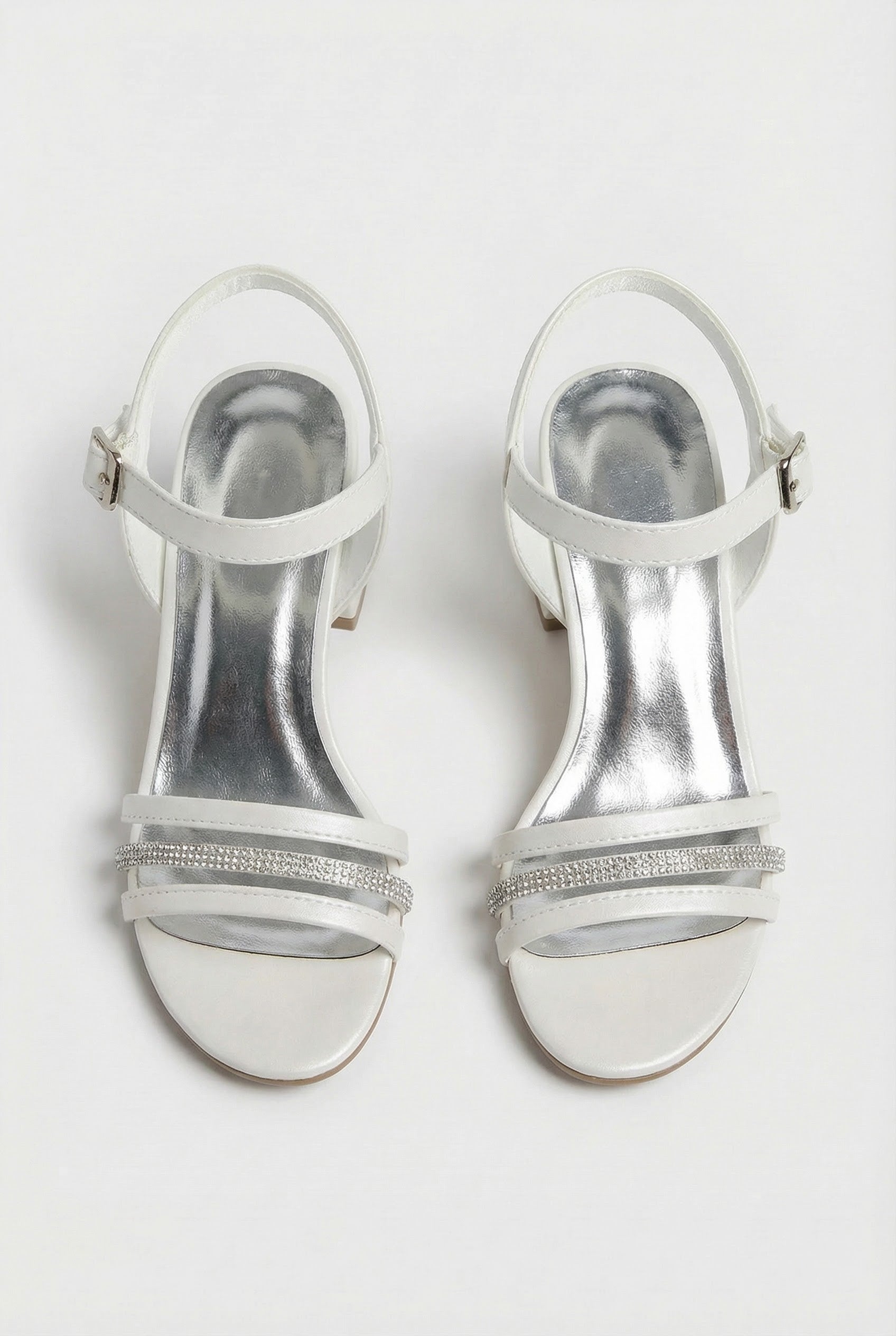 Girls Strappy Heel Sandal Shoes with Rhinestone Trim - Pearl White Front Picture