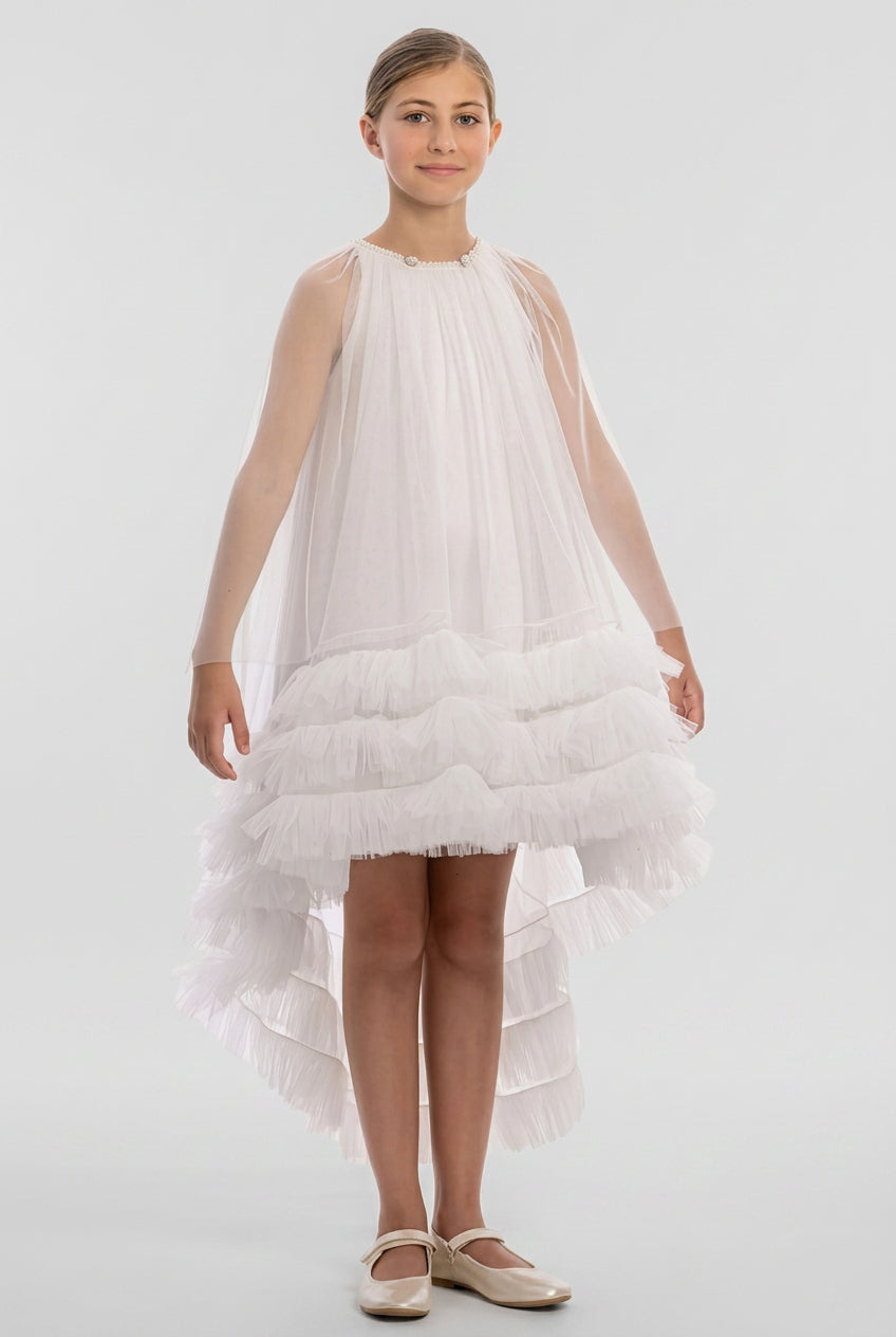 Girls Tulle Dress with Detachable Ruffled Cape Set - White Front Picture