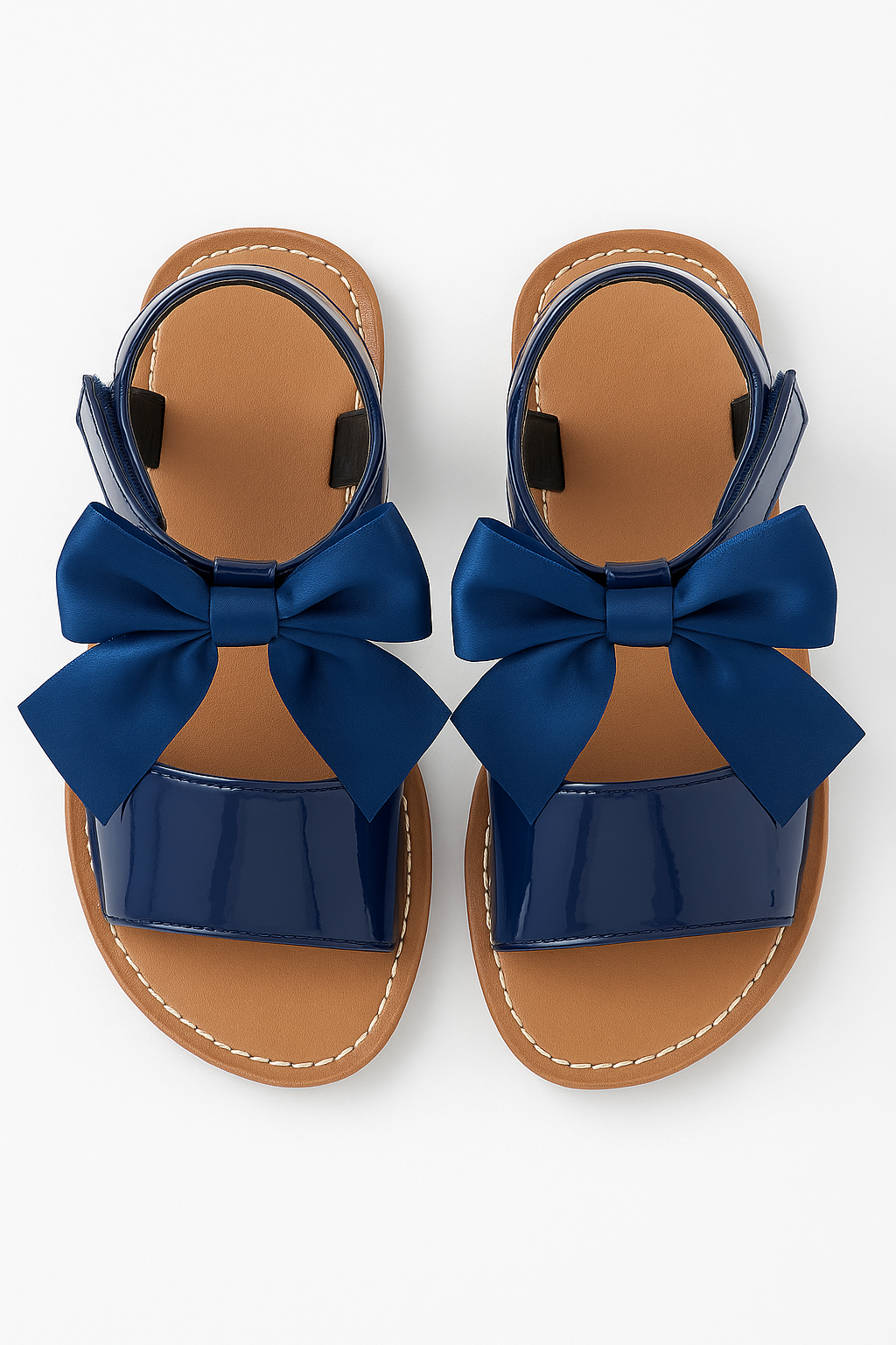 Girls Velcro Patent Bow Sandals - MARTINA - Navy Blue Front Picture