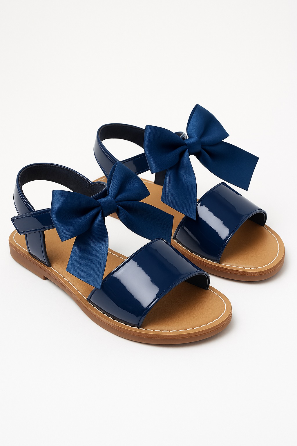 Girls Velcro Patent Bow Sandals - MARTINA - Navy Blue Pair Side Picture