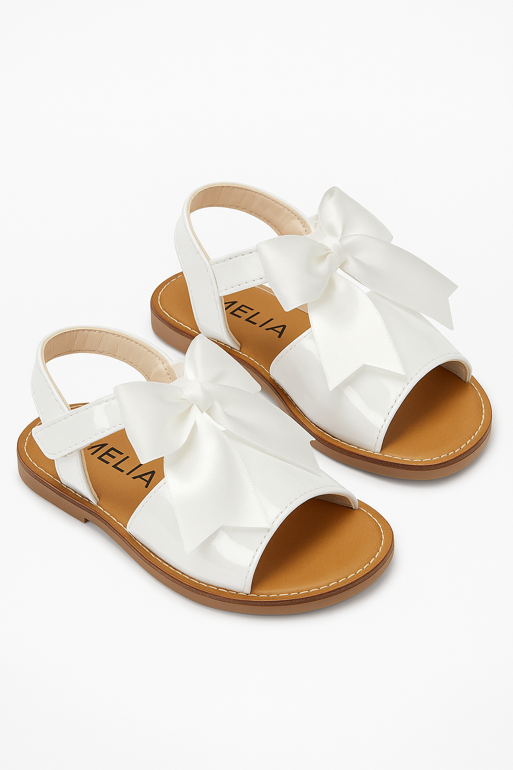 Girls Velcro Patent Bow Sandals - MARTINA - White Pair Side Picture