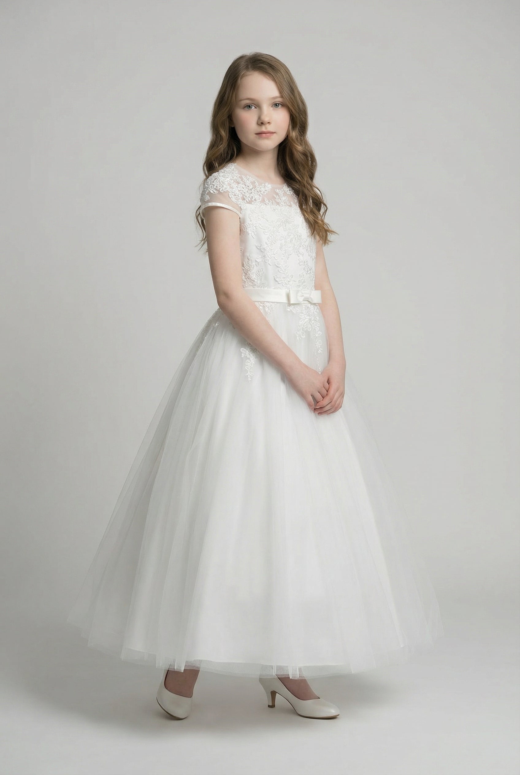 Girls White Communion Dress with Illusion Neck & Lace trim - Suzie Side Picture