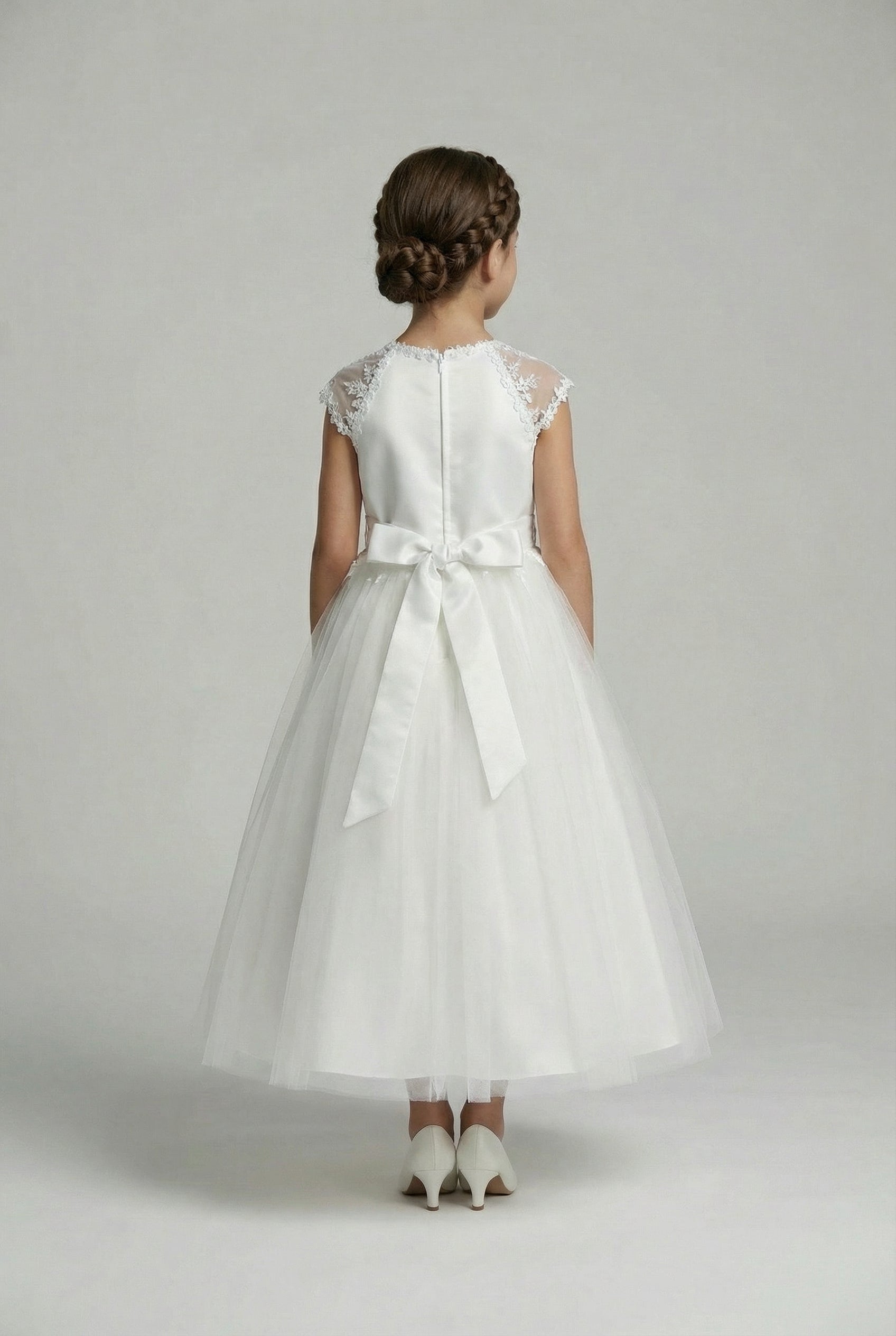 Girls White Communion Occasion Dress Satin Bodice Tulle Skirt - Stray Back Picture