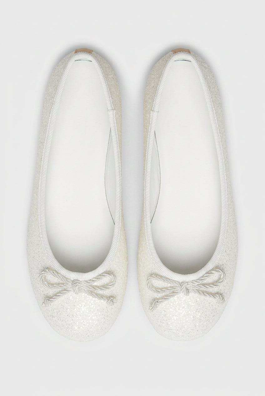 Girls White Glitter Ballet Flats with Bow Front Picture