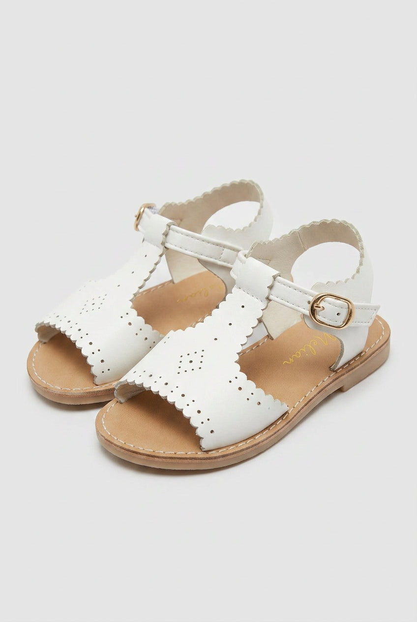 Girls White Leather T-Bar Sandals – Scalloped Spanish-Style Summer Sandals