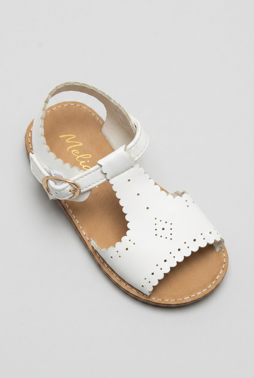 Girls White Leather T-Bar Sandals – Scalloped Spanish-Style Summer Sandals