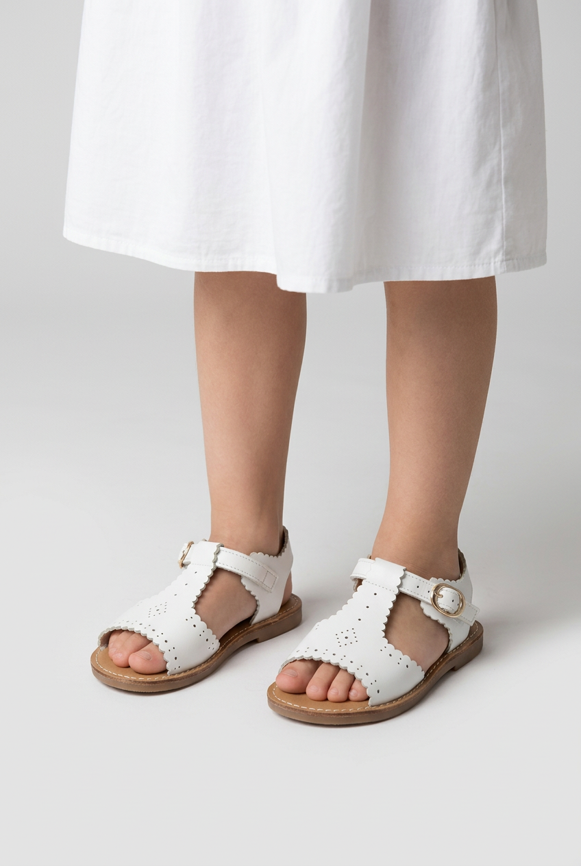 Girls White Leather T-Bar Sandals – Scalloped Spanish-Style Summer Sandals
