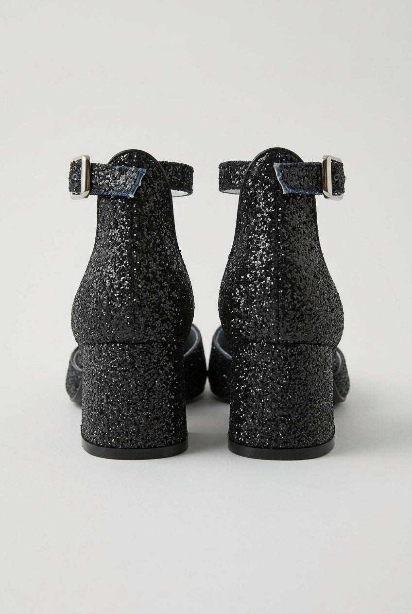 Girls Block Heel Glittery Mary Jane Shoes - OMBRA - Black