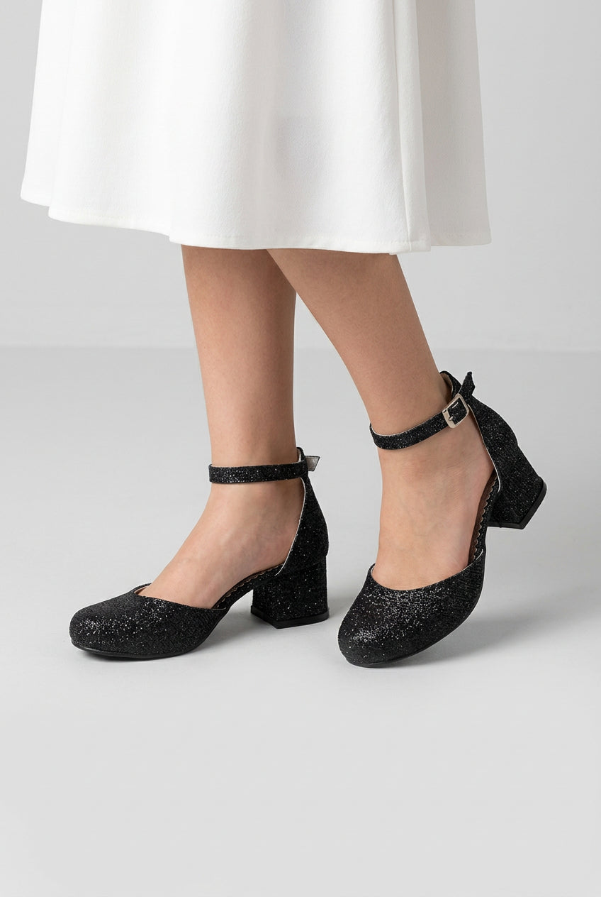 Girls Block Heel Glittery Mary Jane Shoes - OMBRA - Black