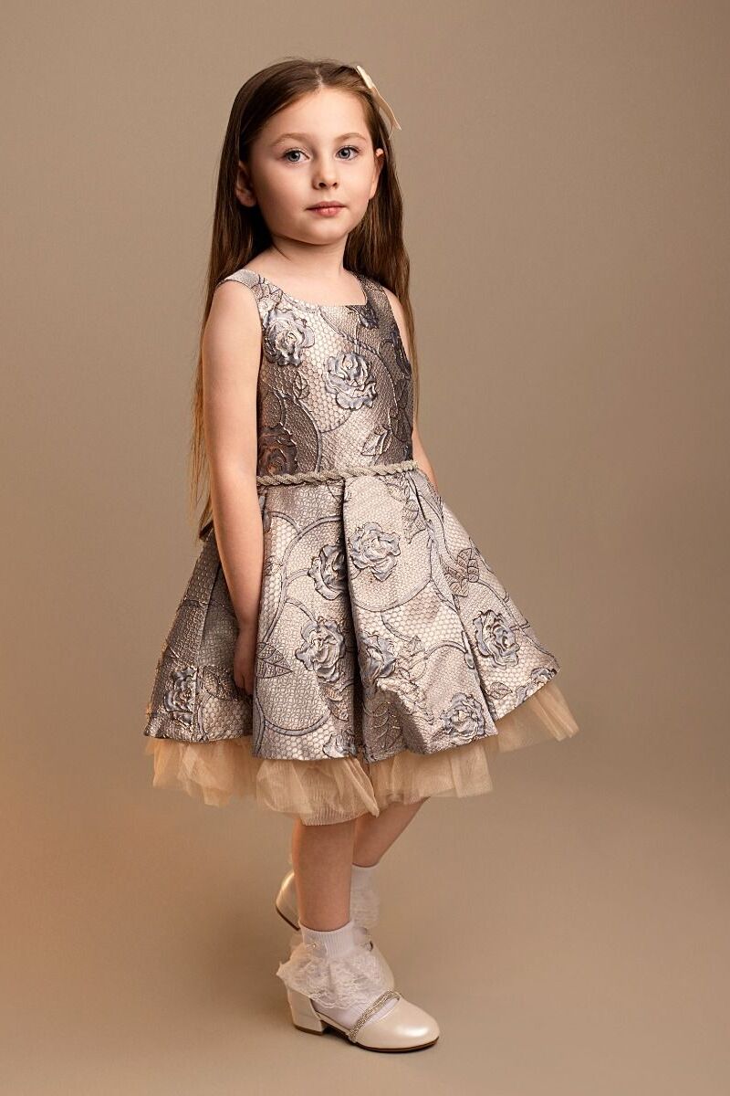 Girls' Blue Jacquard Pleated Dress with Bow Set - Sana - Blue