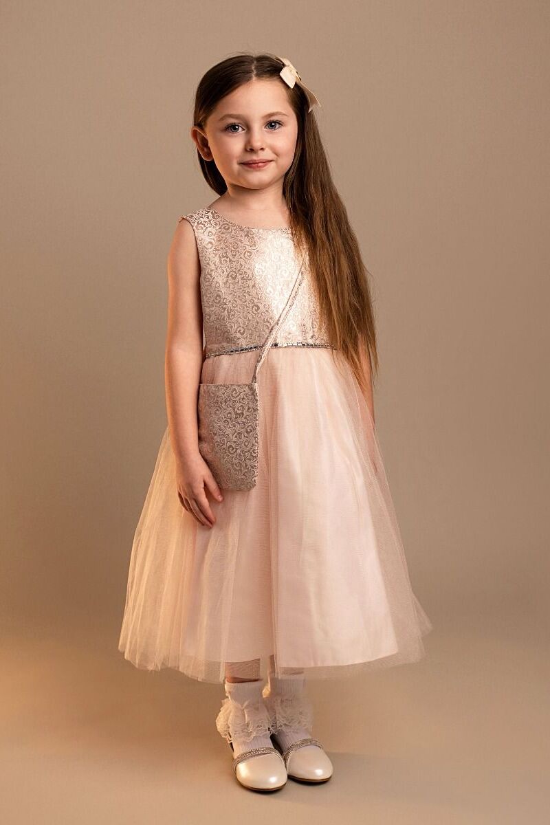 Girls’ Blush Pink Jacquard Tulle Dress & Bag Set - Rhea - Pink