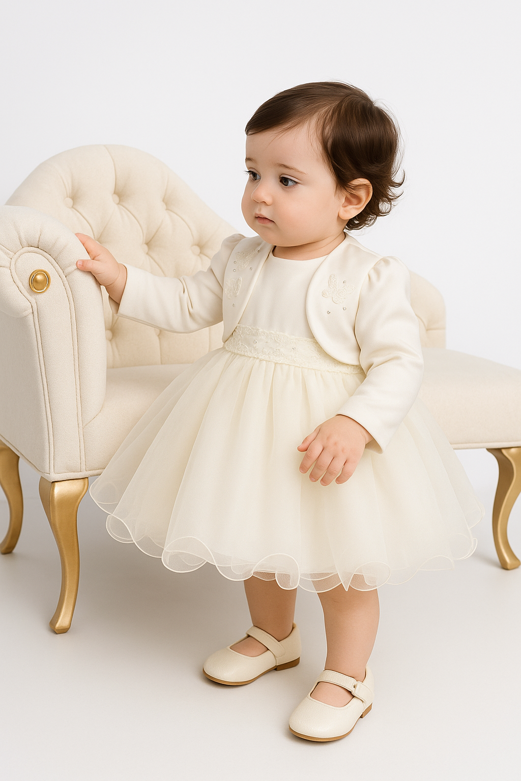 Girls Christening Wedding Dress with Butterfly Bolero Jacket - Ivory