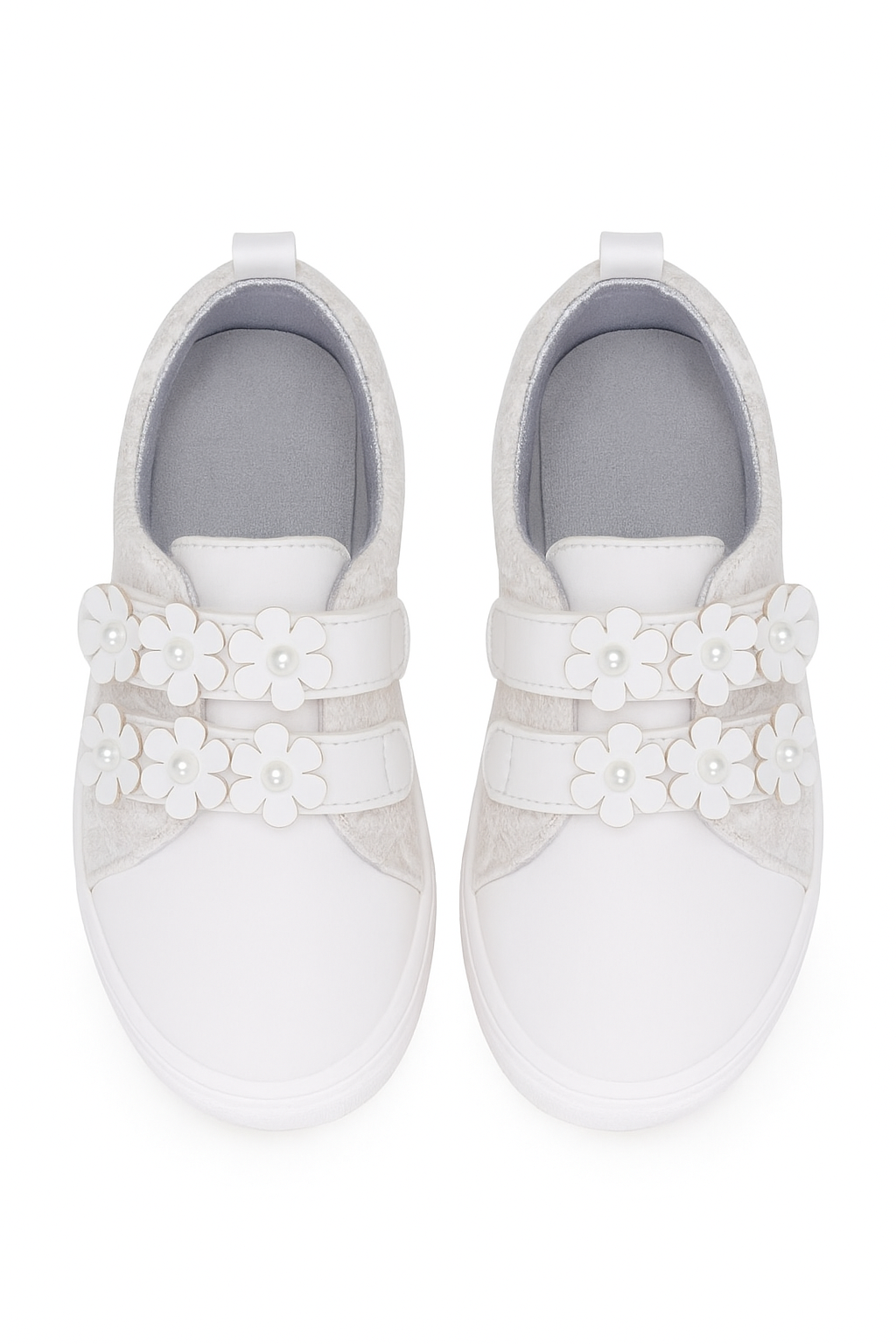 Girls' Cream Pearl Flower Velcro Sneakers - FINLEY - Cream - Ivory Front Picture