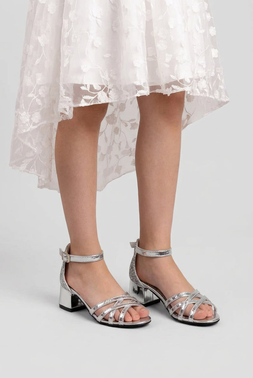 Girls Strappy Block Heel Sandals - Silver