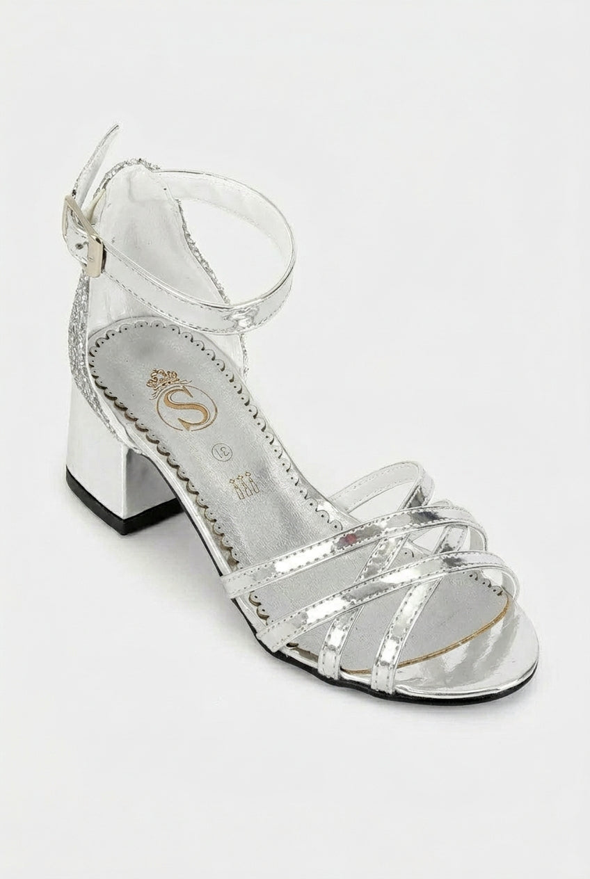 Girls Criss Cross Strappy Sandals Block Heel Dress Shoes - Silver