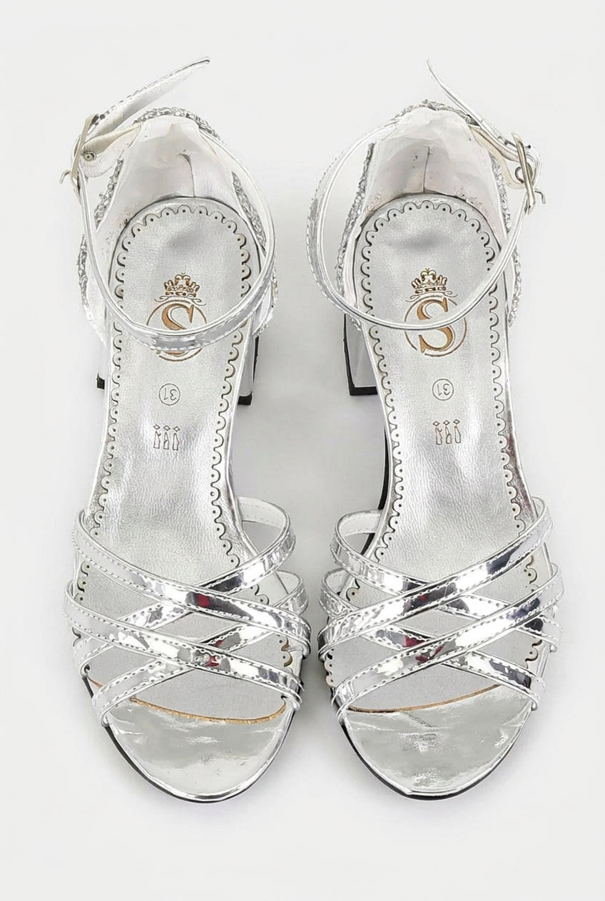 Girls Criss Cross Strappy Sandals Block Heel Dress Shoes - Silver