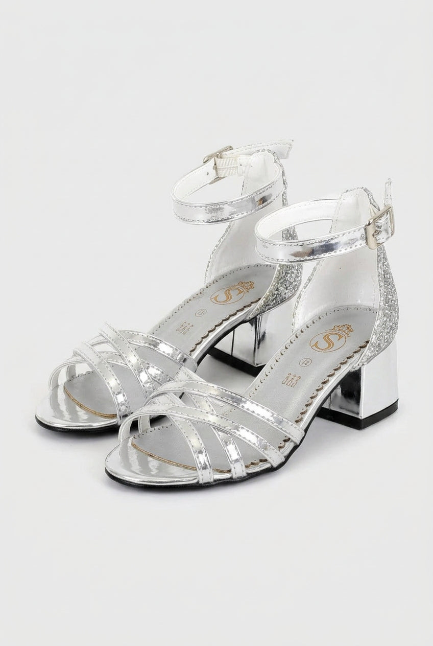 Girls Strappy Block Heel Sandals - Silver