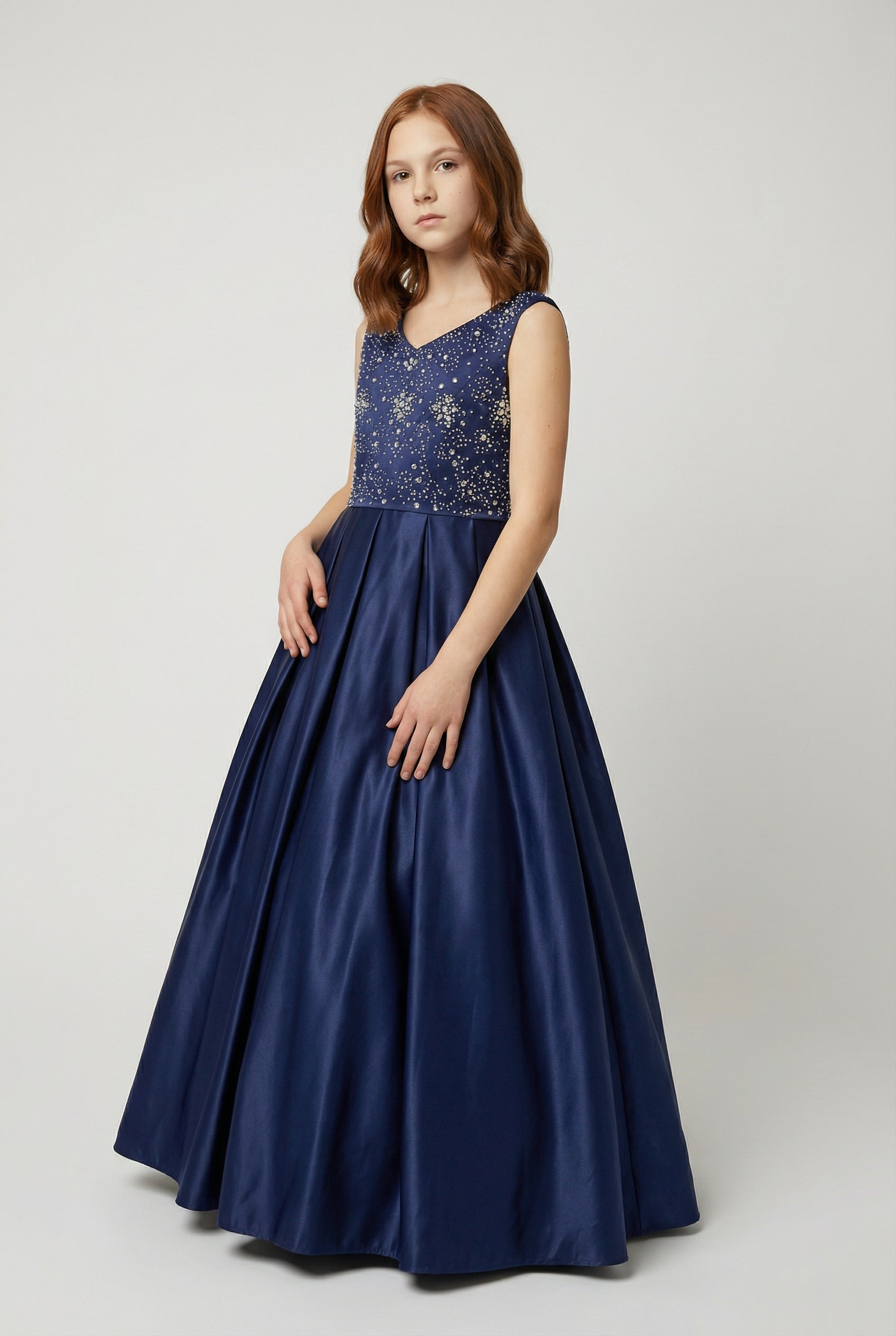 Girls Crystal Satin Navy Ball Gown Dress – EDEN - Navy