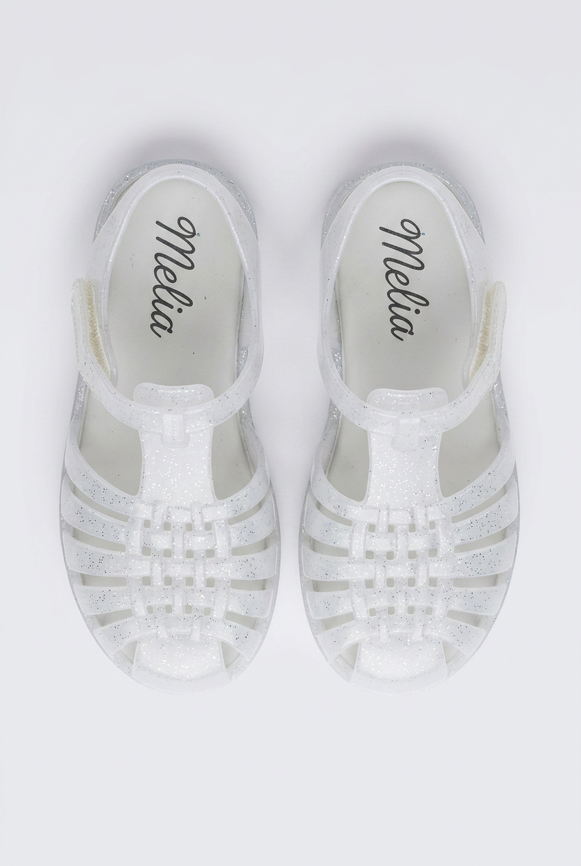 Girls' Glitter Jelly Sandals – White Sparkle T-Bar Summer Shoes