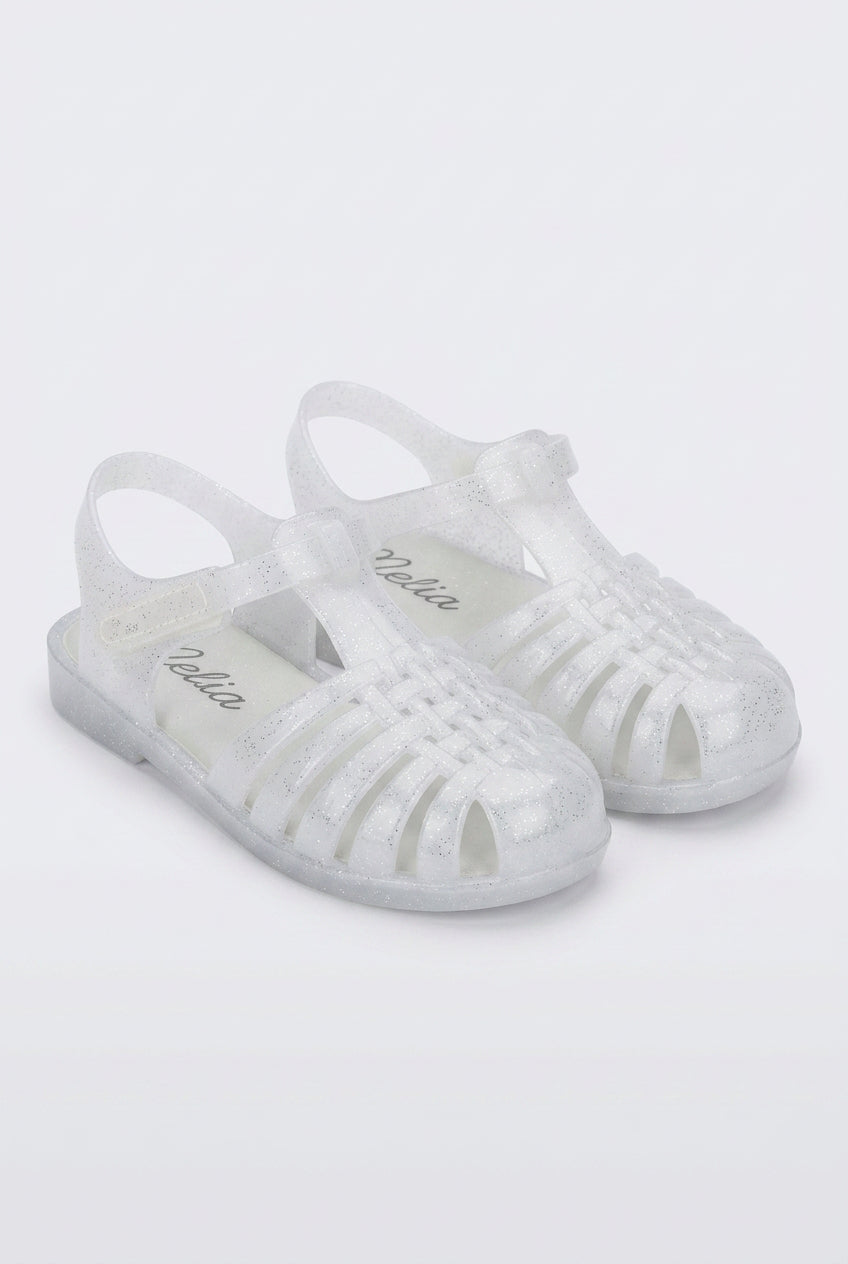 Girls' Glitter Jelly Sandals – White Sparkle T-Bar Summer Shoes