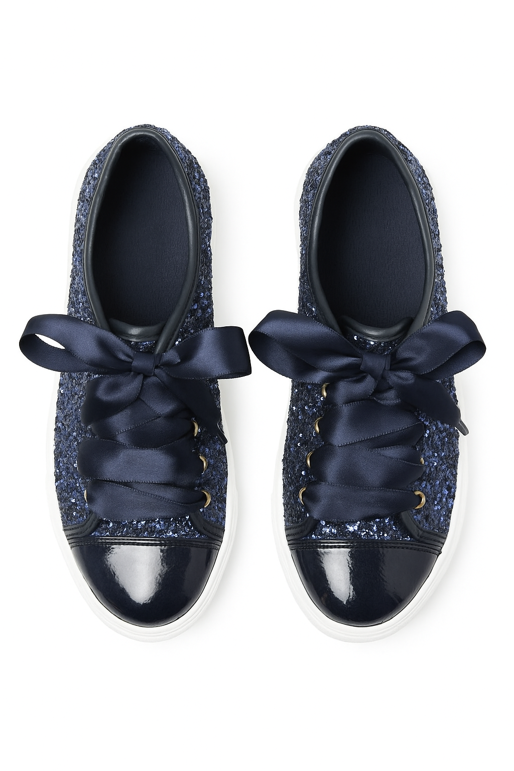 Girls' Glitter Sneakers with Satin Ribbon Laces – TRINITY - Navy Blue Front Picture