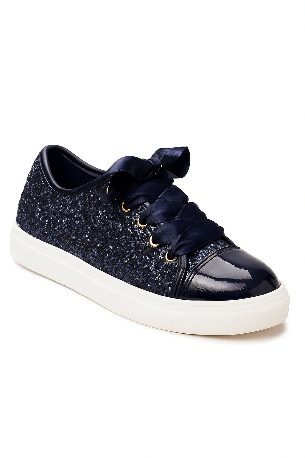 Girls' Glitter Sneakers with Satin Ribbon Laces – TRINITY - Navy Blue Side Picture