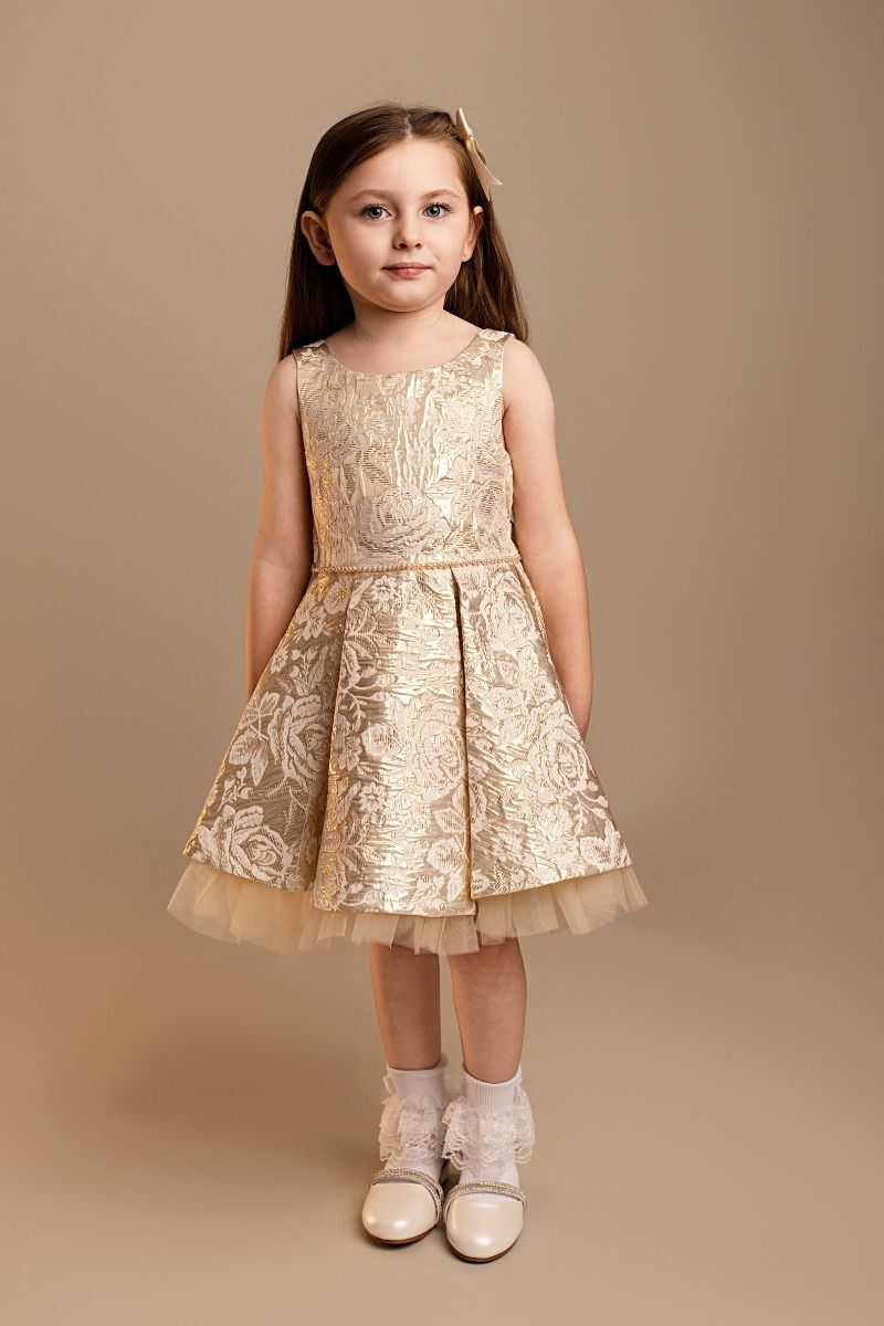 Girls’ Gold Floral Brocade Dress & Bag Set - Myra - Gold