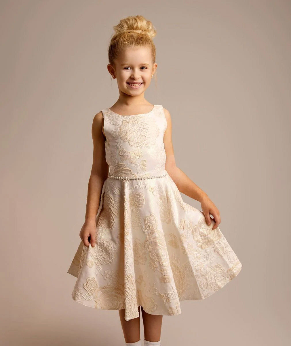 Girls’ Gold Floral Brocade Dress with Sash Bow