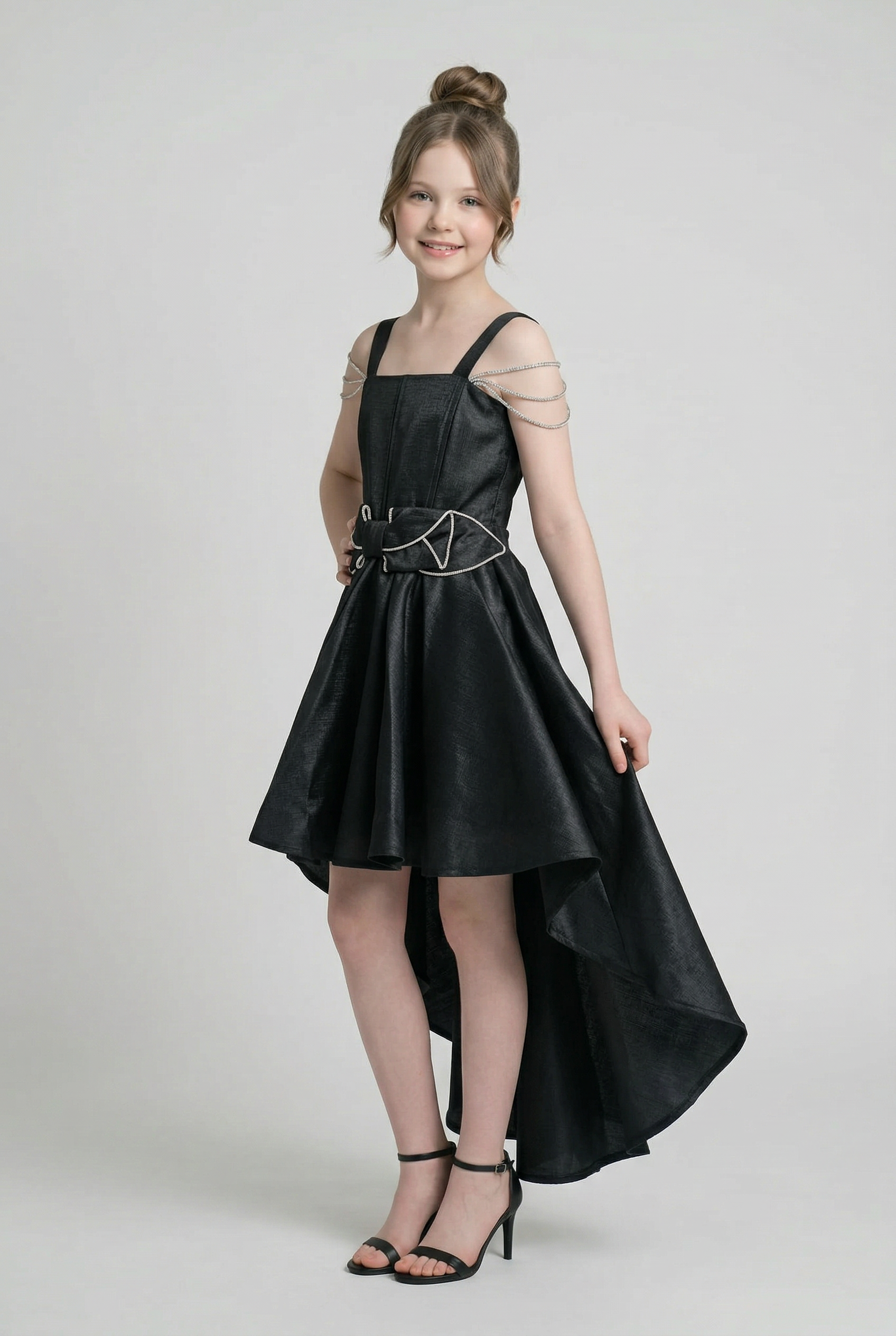 Girls High-Low Chiffon Dress with Bow Sash - Black
