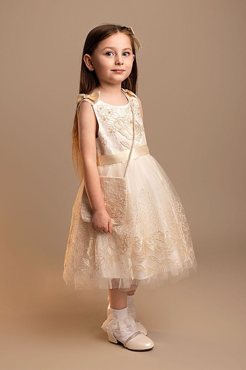 Girls’ Ivory & Gold Floral Embroidery Dress Set - Priscilla - Ivory Gold