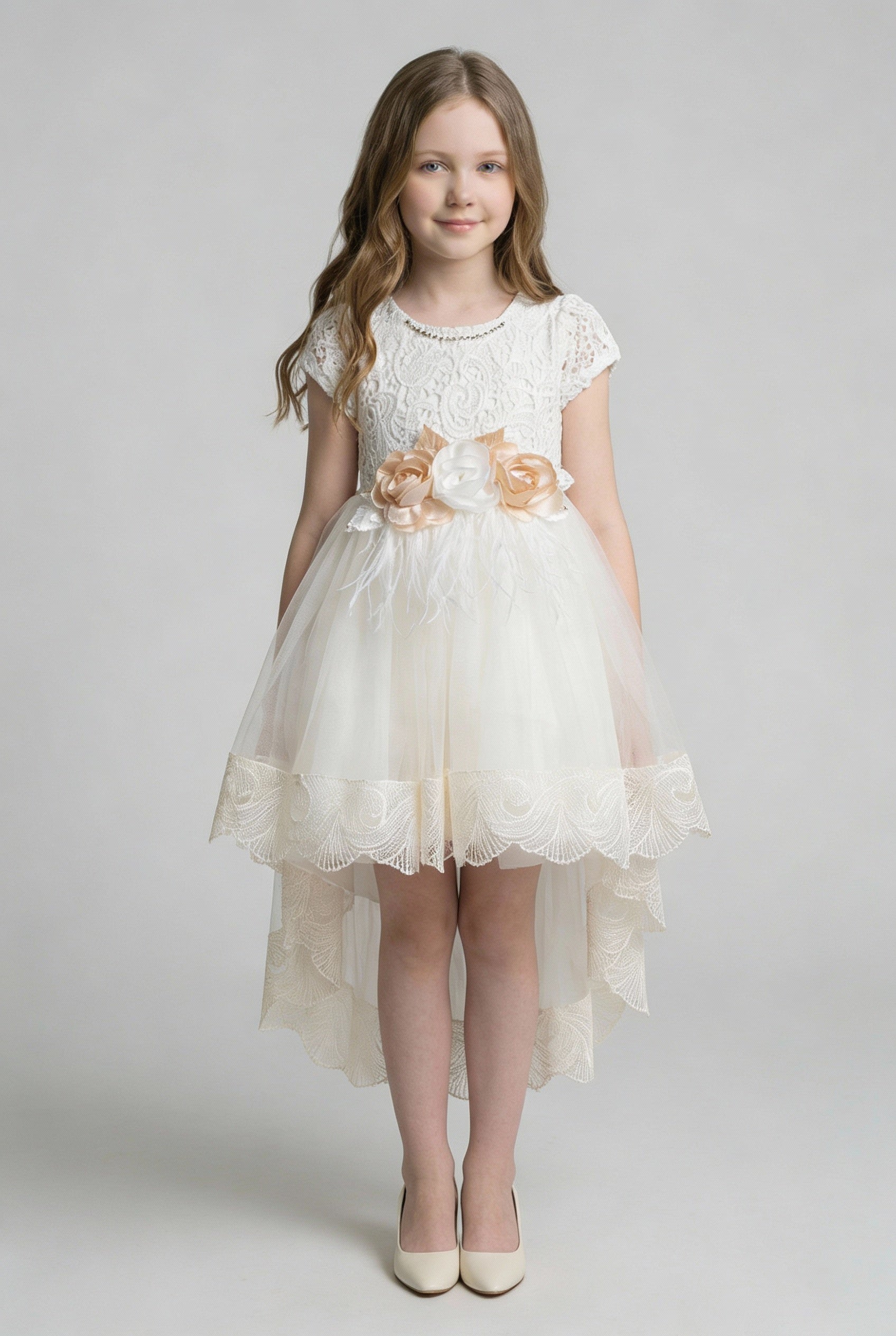 Girls Ivory Lace High-Low Tulle Dress