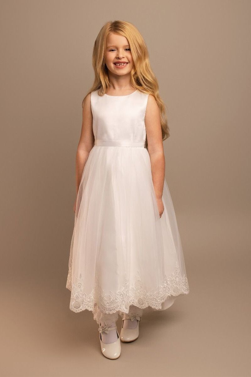 Girls’ Ivory Tulle Dress with Lace Trims & Bow - India - Ivory