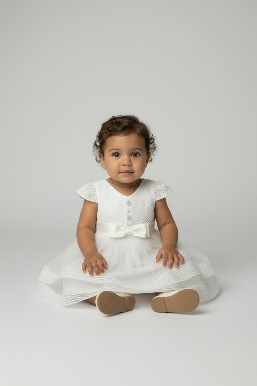 Baby Girls Ivory Tulle Dress with Satin Bow Waist
