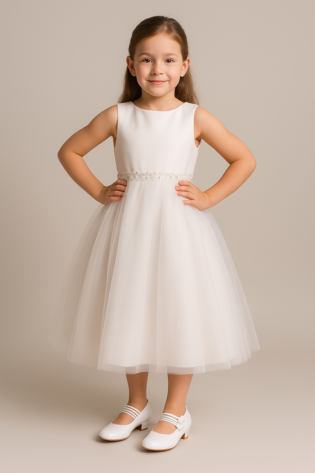 Girls' Mary Jane Low Heal Patent Dress shoes - White Model Picture