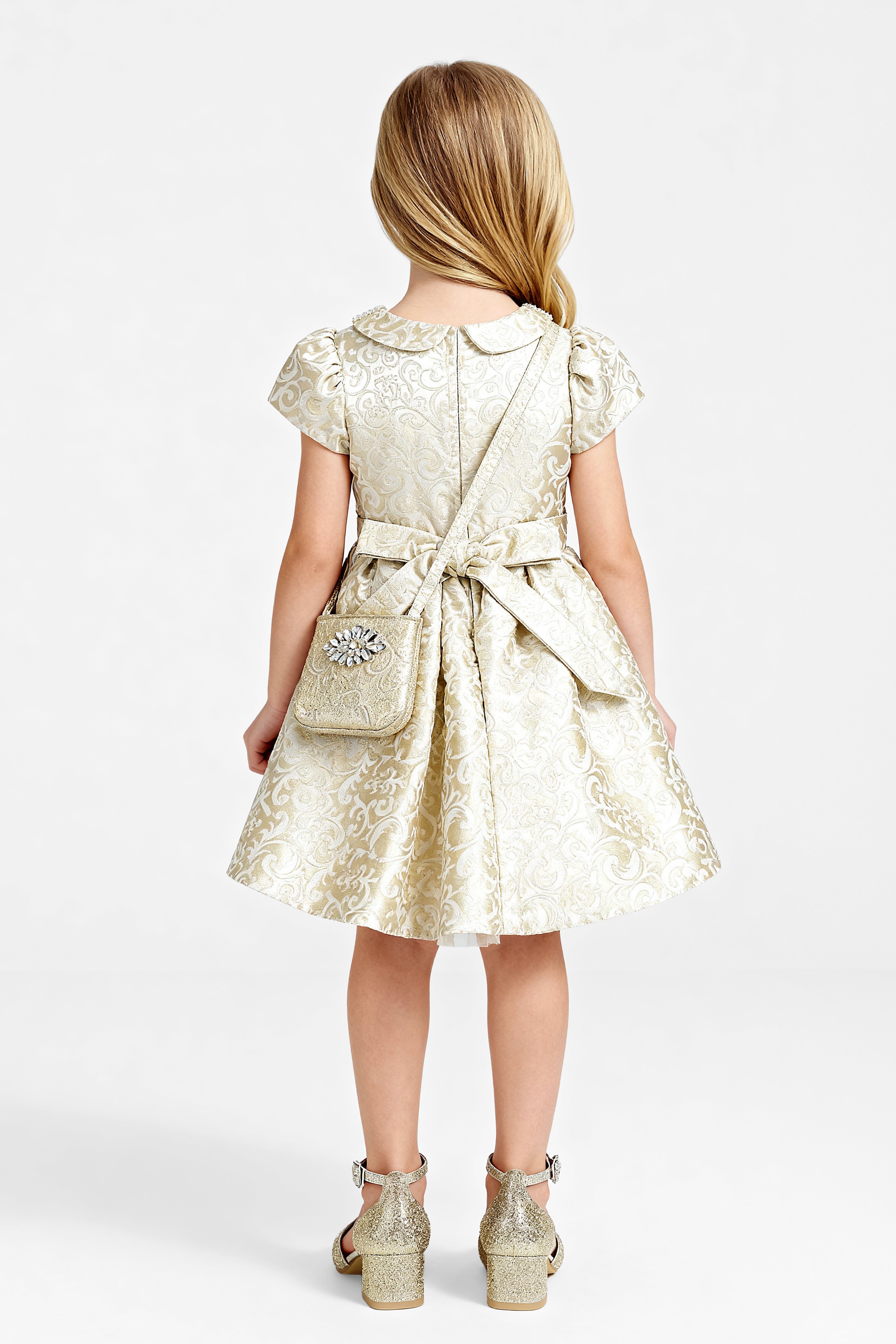 Babies & Girls Peter Pan Collar Brocade Dress - Gold Back Picture
