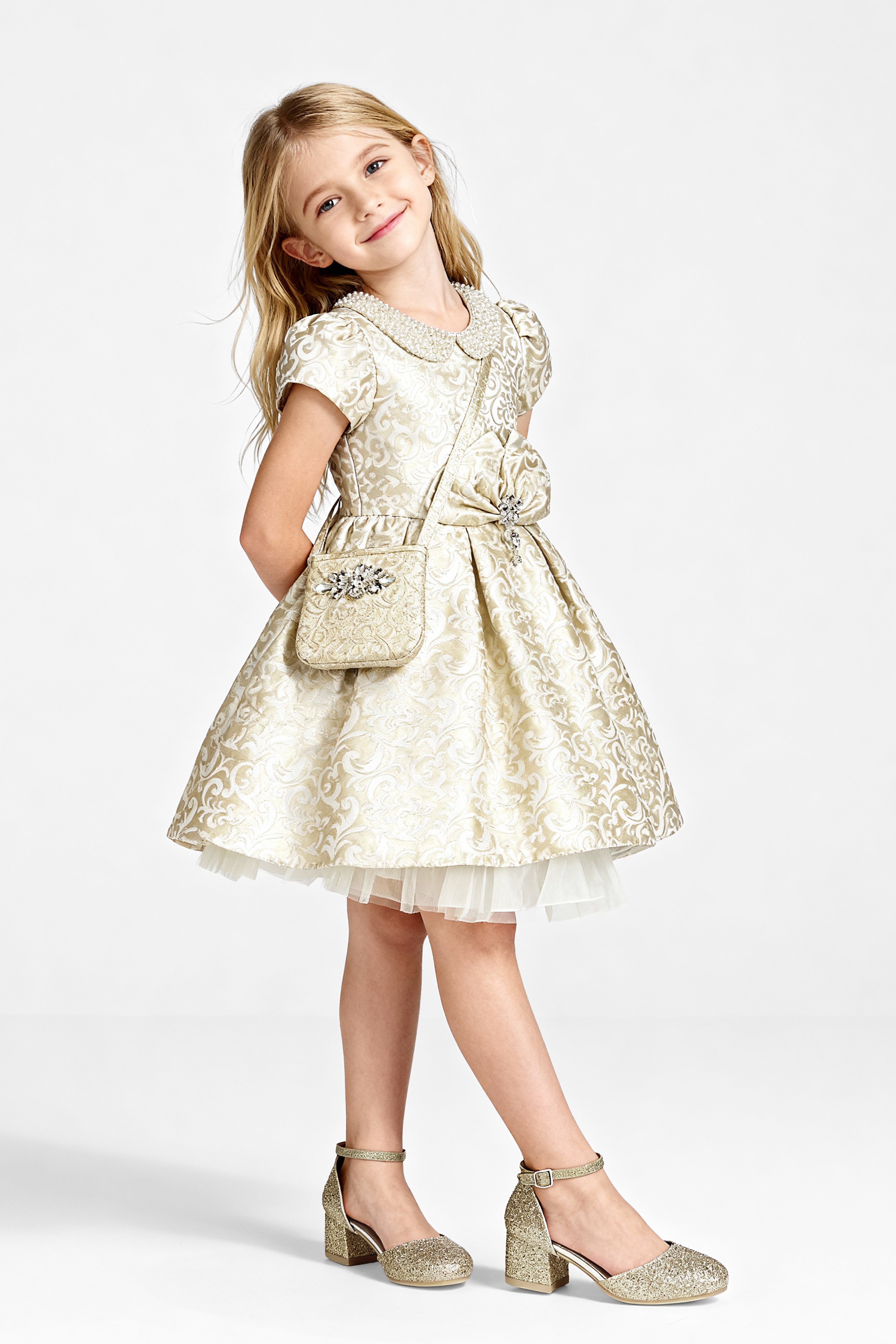 Babies & Girls Peter Pan Collar Brocade Dress - Gold mODEL pICTURE
