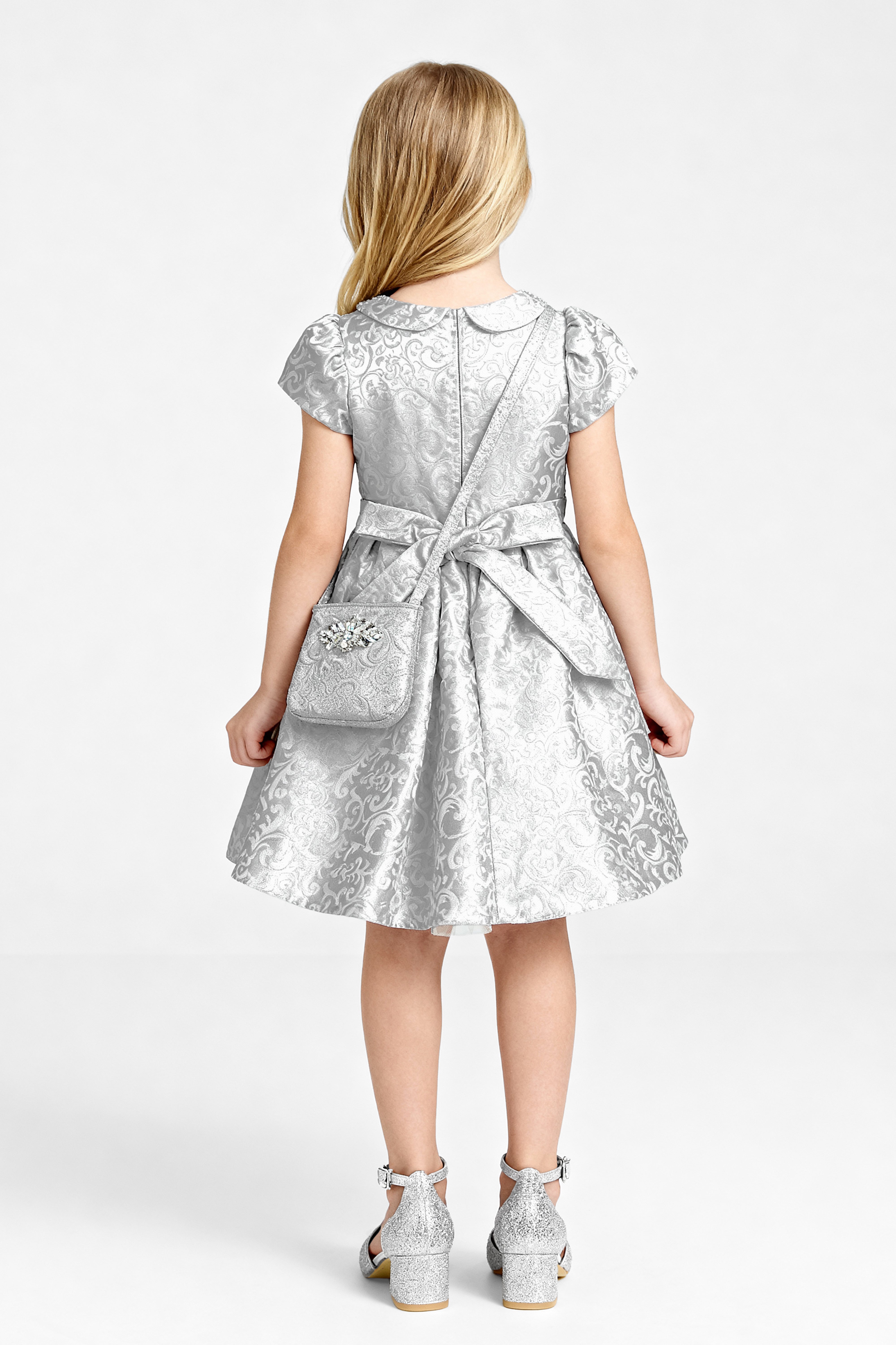 Girls Peter Pan Collar Brocade Dress - Silver Back Picture