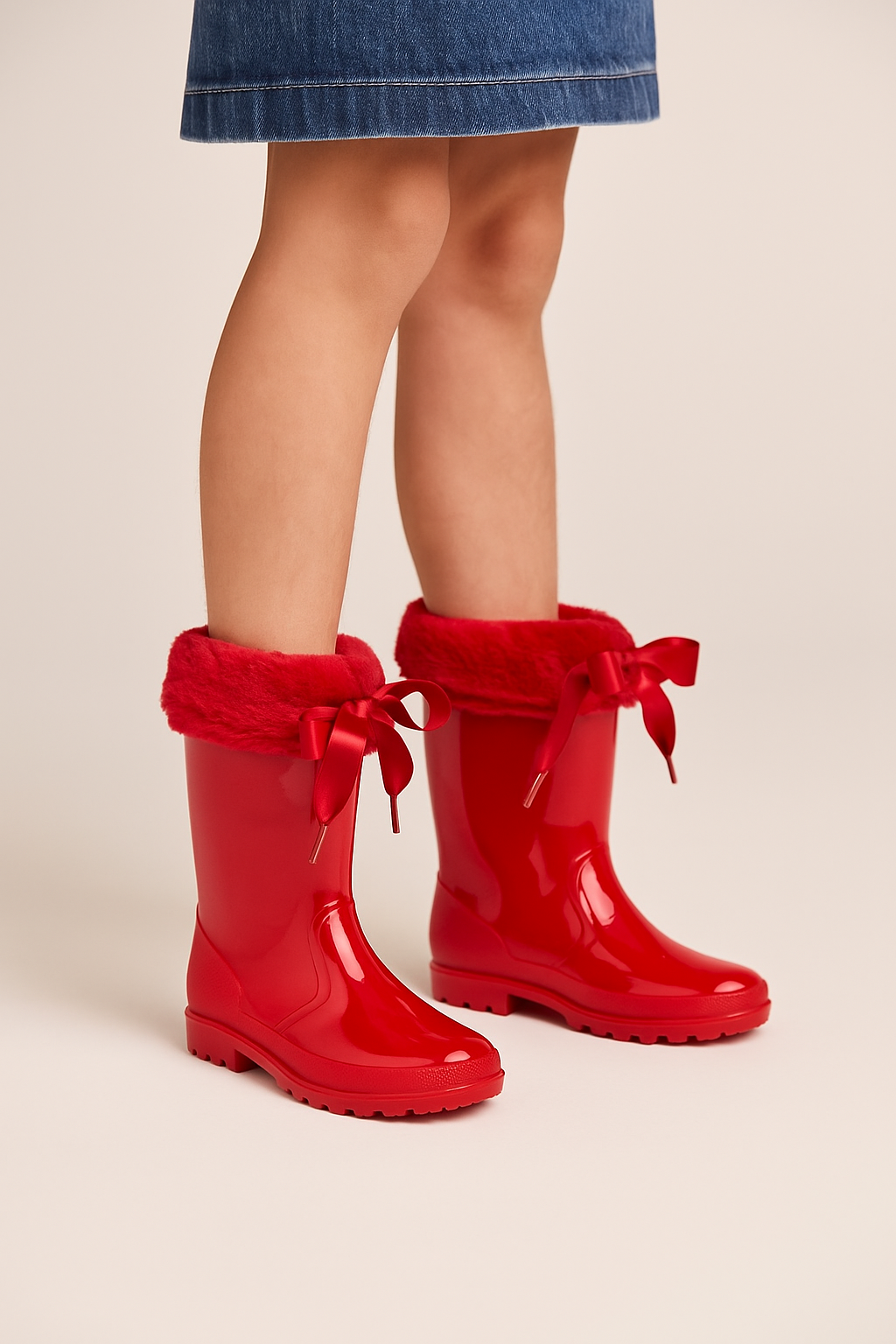 Girls' Ribbon Wellington Boots with Faux Fur, Waterproof Wellies – VIVIAN - Red Model Picture
