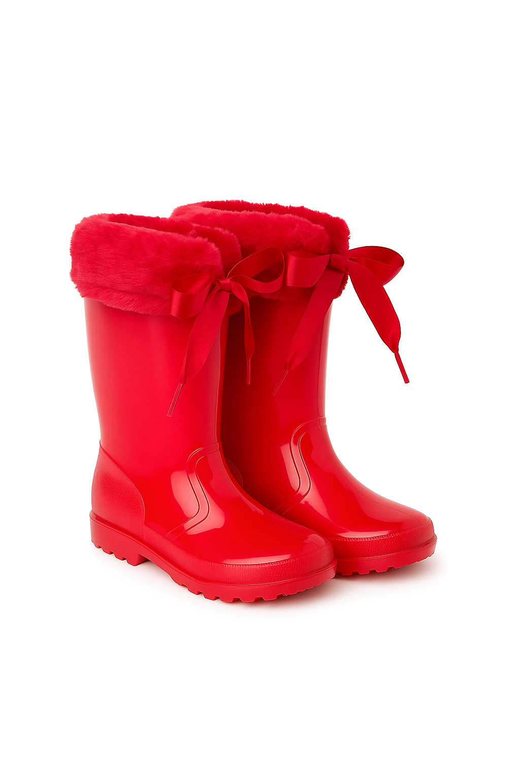 Girls' Ribbon Wellington Boots with Faux Fur, Waterproof Wellies – VIVIAN - Red Pair Side Picture