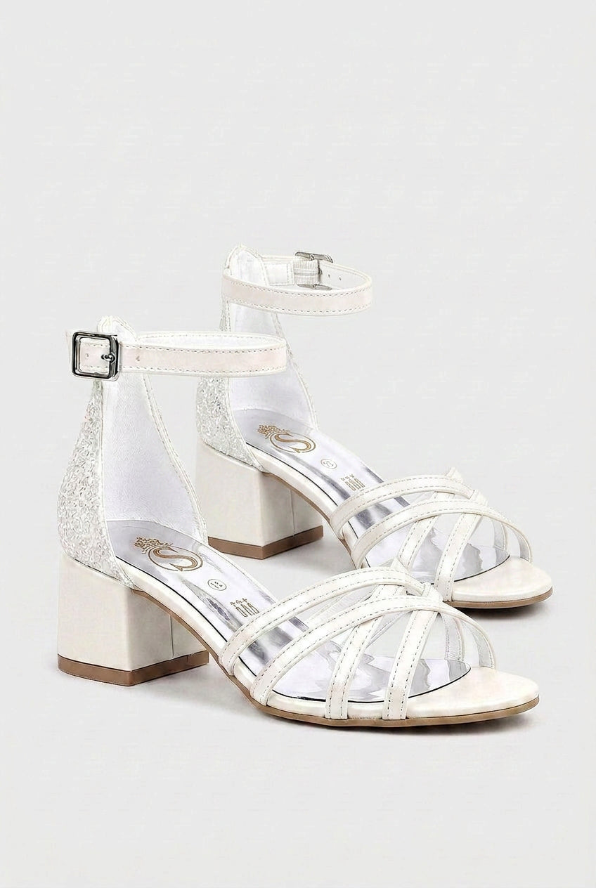 Girls Strappy Block Heel Sandals - White