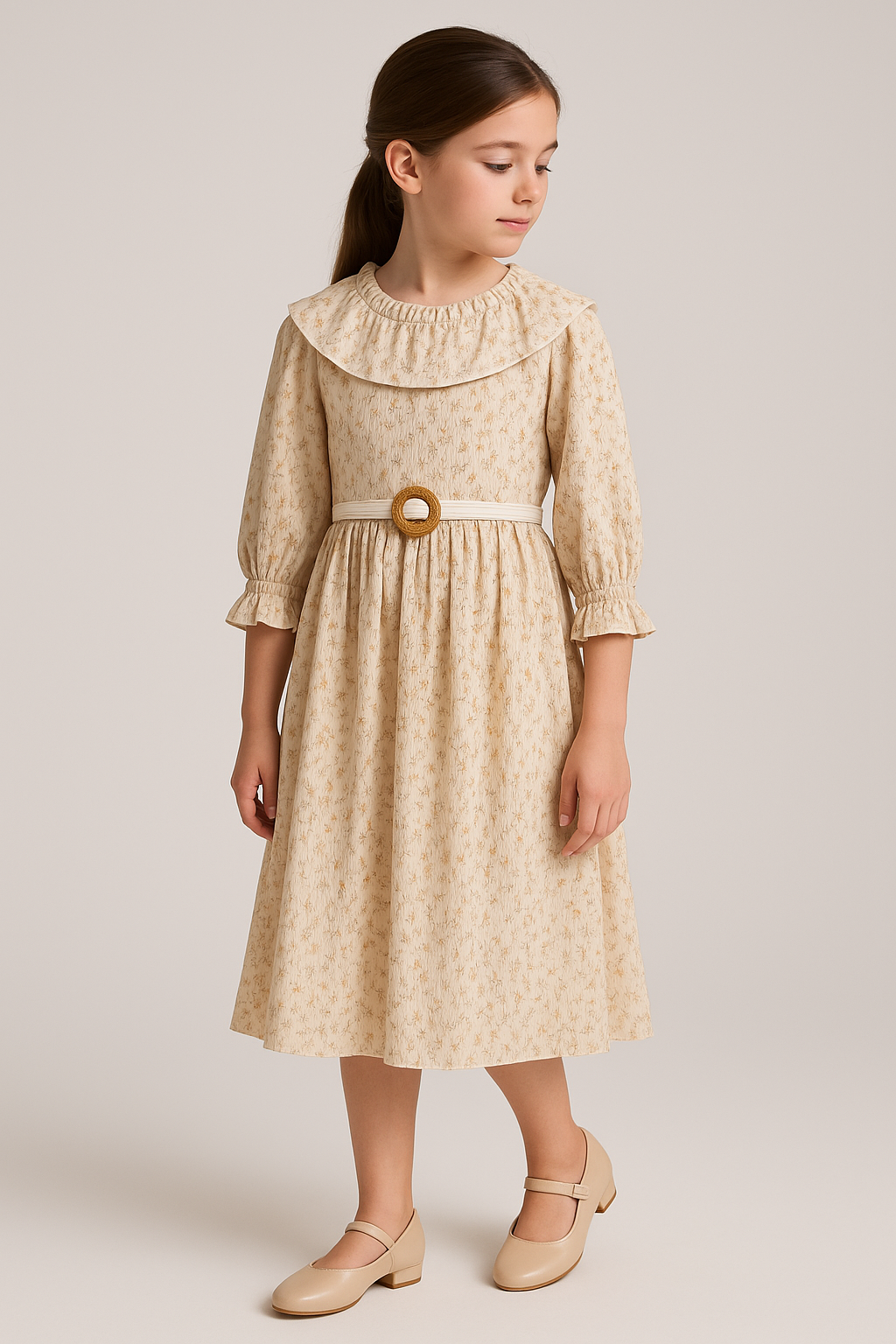 Girls’ Vintage Floral Dress with Belt and Ruffled Collar - Beige- Yellow