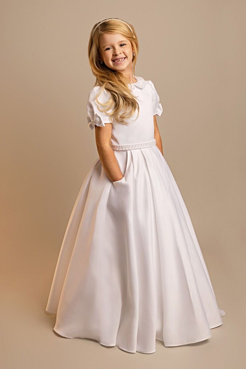 Girls’ White Puff Sleeve Communion Dress with Peter Pan Collar - LOTTIE - White
