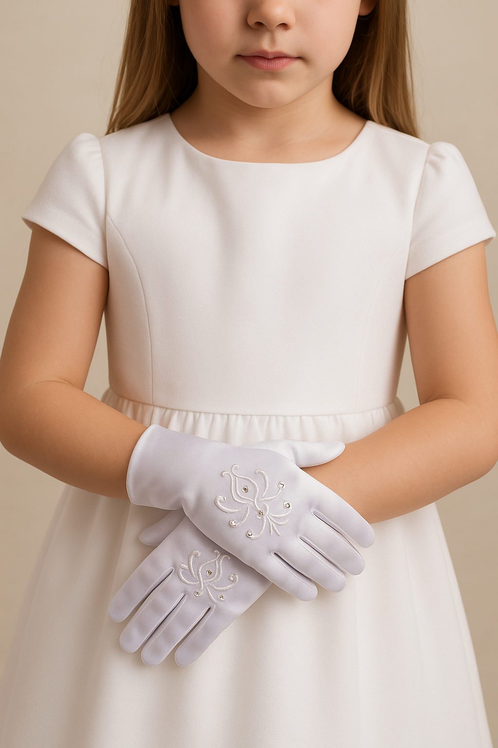 Girls White Swirl Pattern Satin Gloves - ELSA
