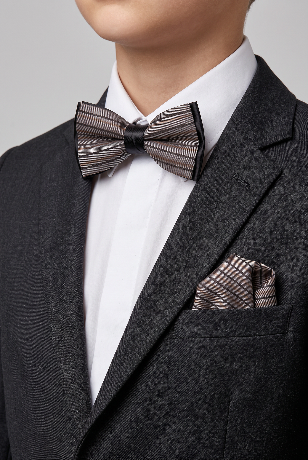Boys Striped Bow Tie & Pocket Square Set - BWST - Grey and Black