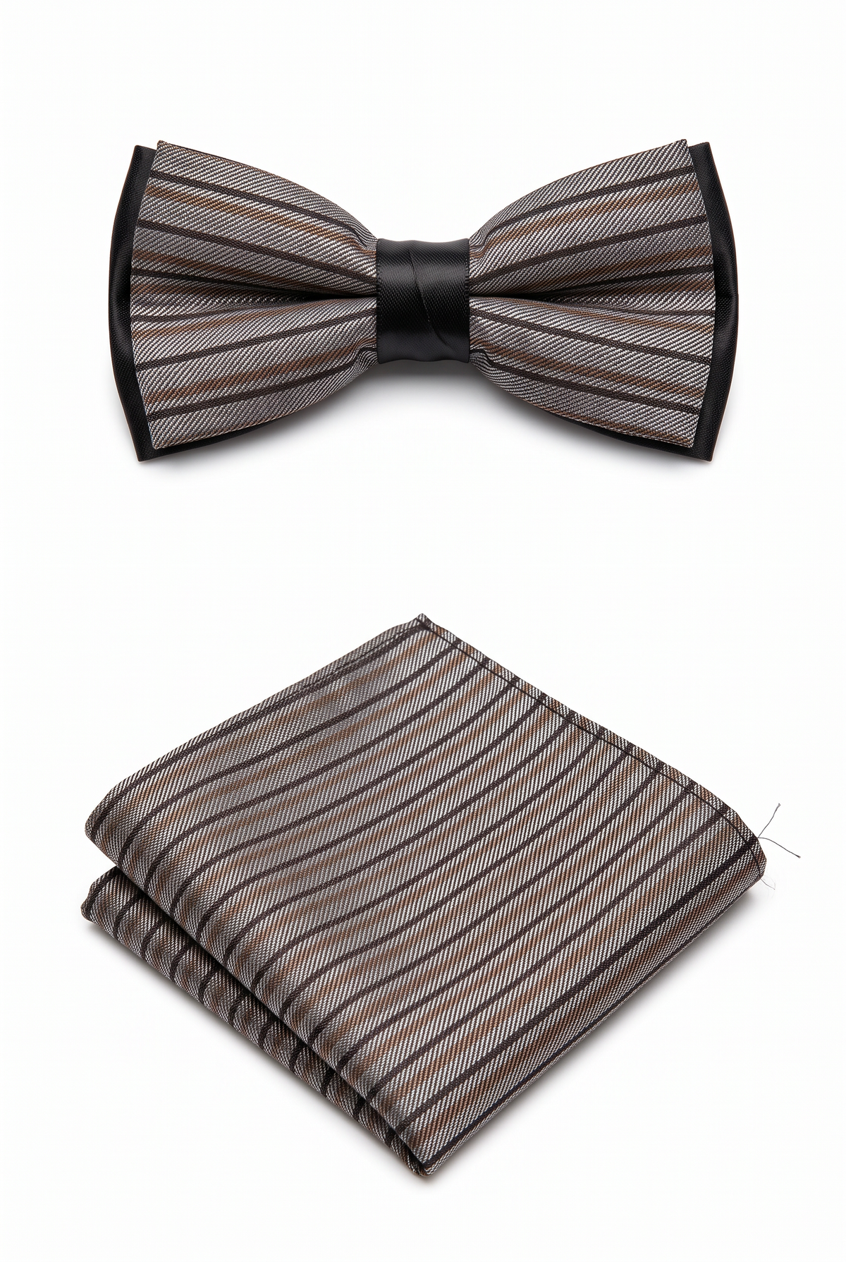 Boys Striped Bow Tie & Pocket Square Set - BWST - Grey and Black