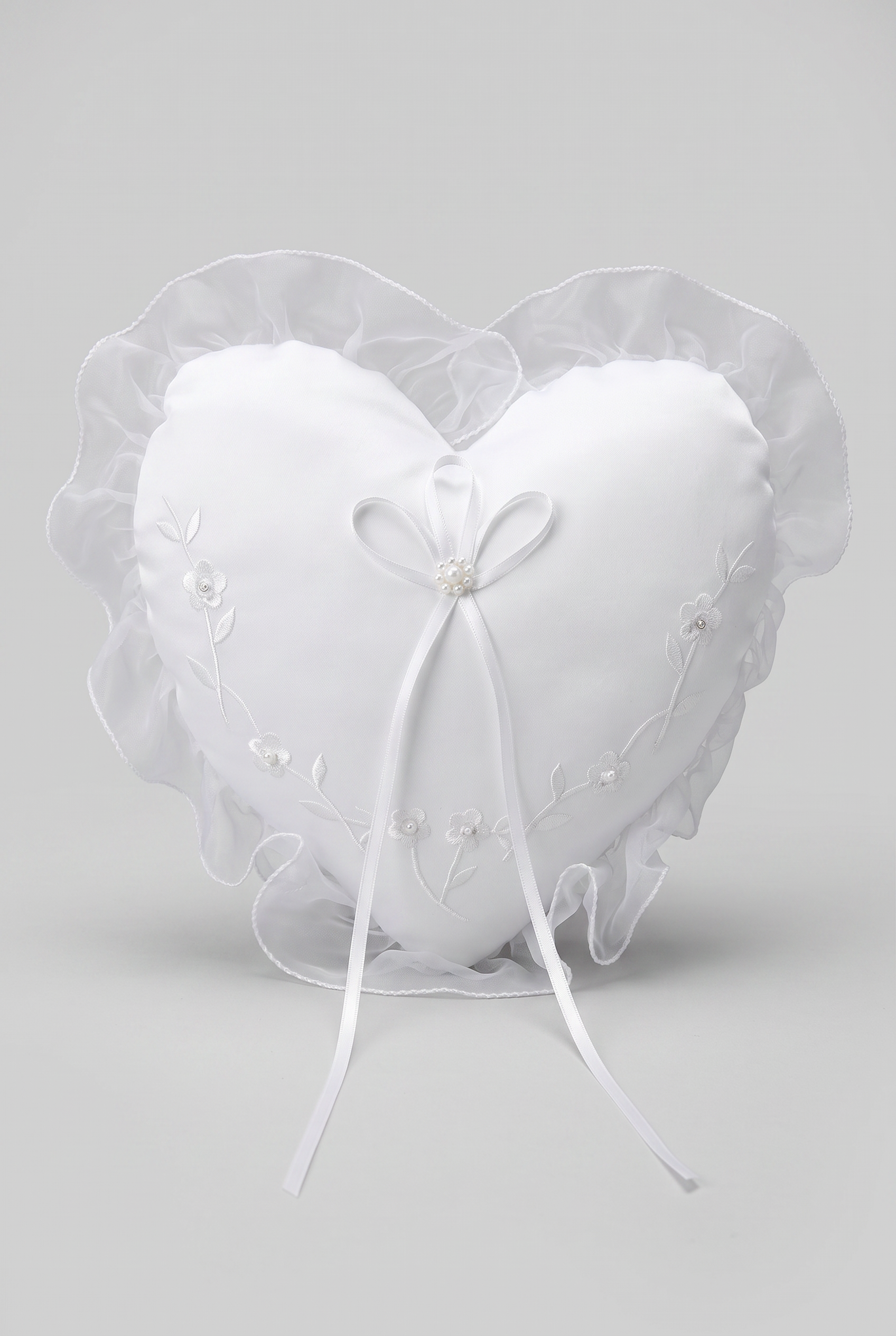 Heart Shaped Wedding Ring Bearer Pillow with Floral Embroidery - White
