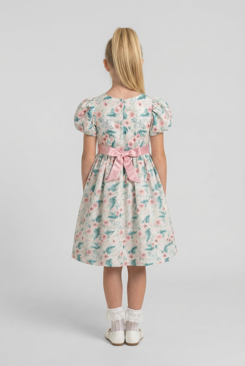 Girls Cotton Blend Green Floral Occasion Dress