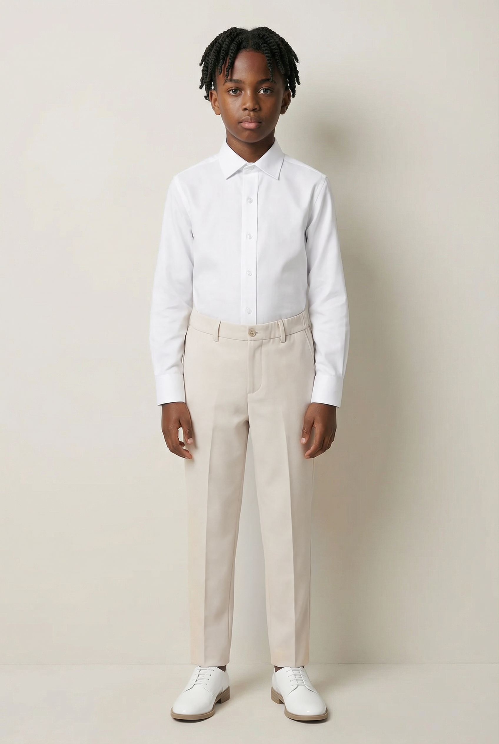 Boys Slim Fit Formal Trousers with Adjustable Waist - Ivory