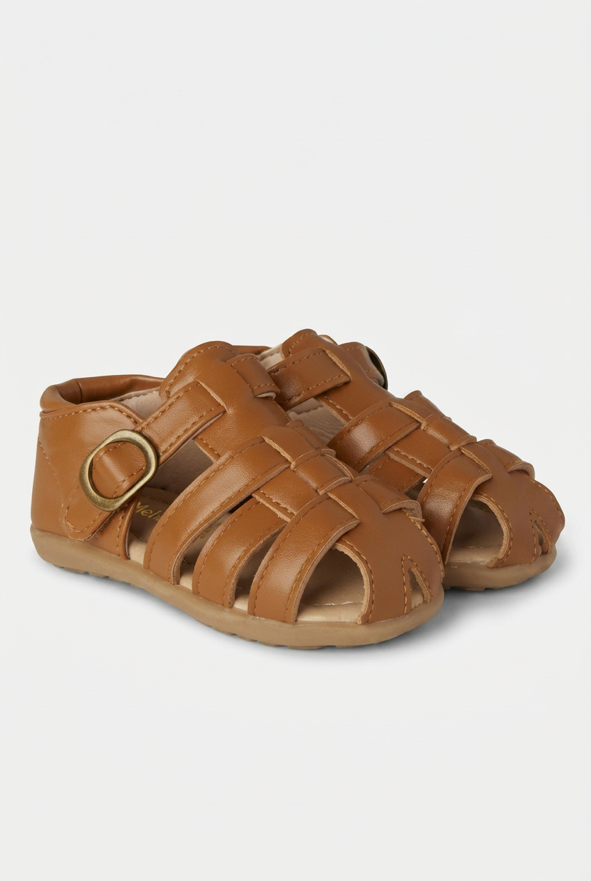 Kids Leather Fisherman Sandals Tan Brown – Toddler Boys Girls Closed Toe Summer Buckle Shoes
