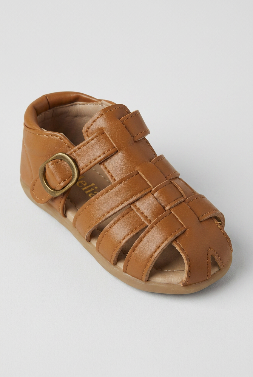 Kids Leather Fisherman Sandals Tan Brown – Toddler Boys Girls Closed Toe Summer Buckle Shoes